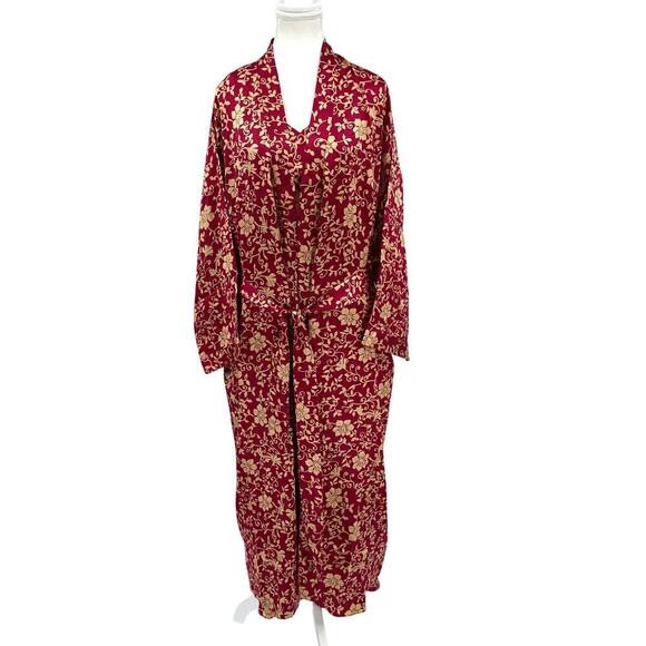 Talbots Intimates Silk Cranberry/Tan Floral Robe & Nightgown Size Medium Petite - Picture 4 of 13